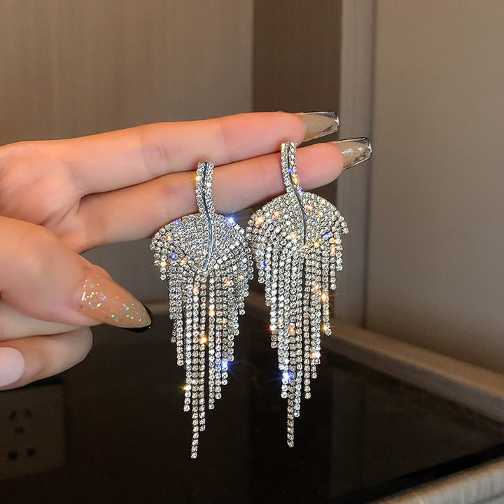 925 Silver Needle Diamond Leaf Tassel Earrings - Zi Collection Hub