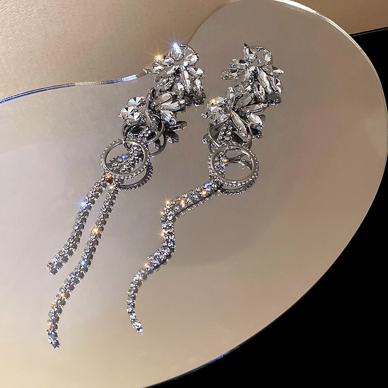 925 Silver Needle Diamond Flower Tassel Earrings - Zi Collection Hub