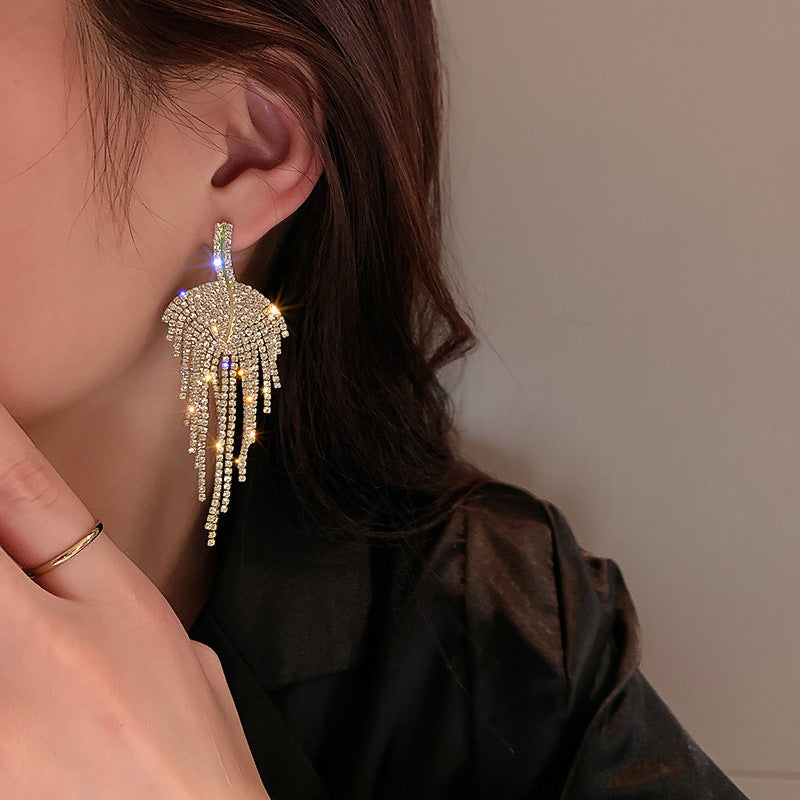 925 Silver Needle Diamond Leaf Tassel Earrings - Zi Collection Hub
