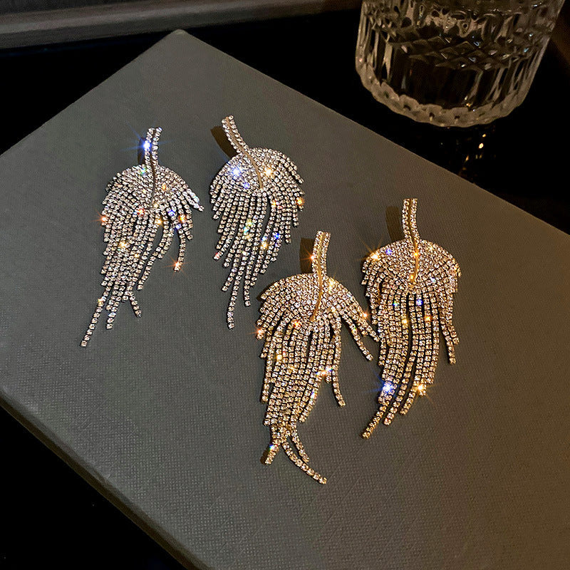 ER081 - 925 Silver Needle Diamond Leaf Tassel Earrings