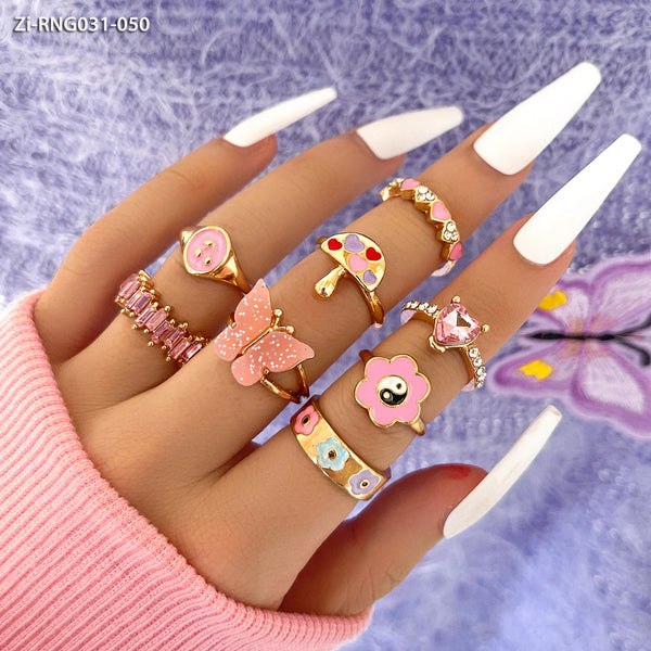 Cute Pink Crystal Rings  8Pcs Set