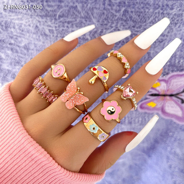 Cute Pink Crystal Rings  8Pcs Set - Zi Collection Hub