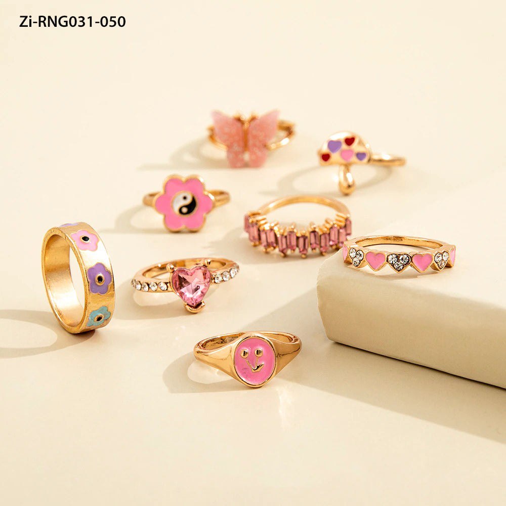Cute Pink Crystal Rings  8Pcs Set - Zi Collection Hub