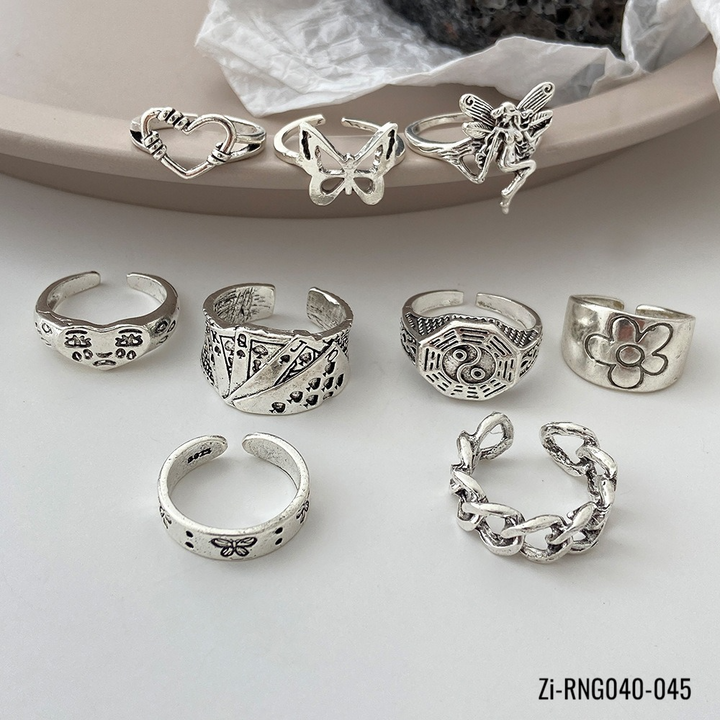 9Pcs Vintage Gothic Butterfly Angle Flower Multi Element Ring Set - Zi Collection Hub