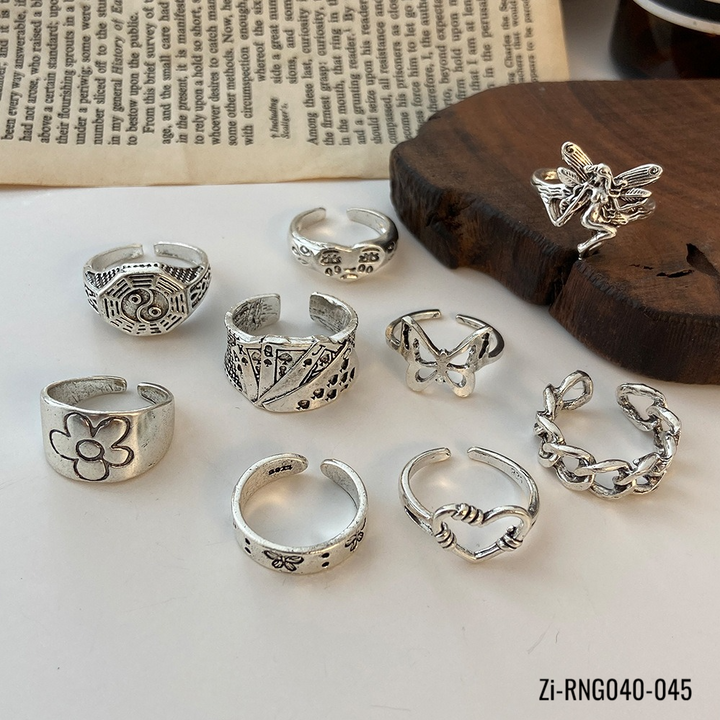 9Pcs Vintage Gothic Butterfly Angle Flower Multi Element Ring Set - Zi Collection Hub