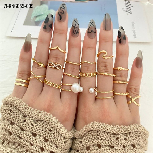 19Pcs Golden Metal Pearl Punk Rings Set - Zi Collection Hub