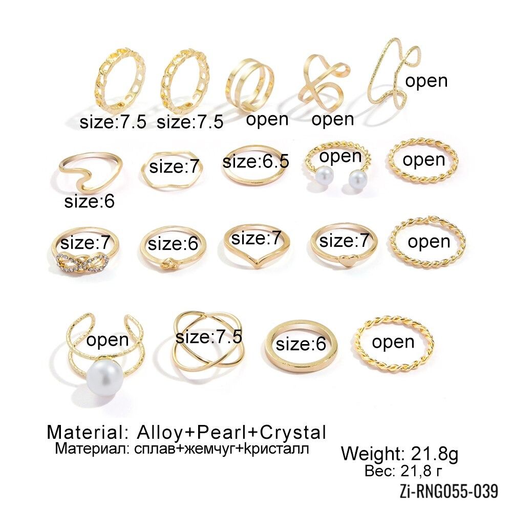 19Pcs Golden Metal Pearl Punk Rings Set - Zi Collection Hub