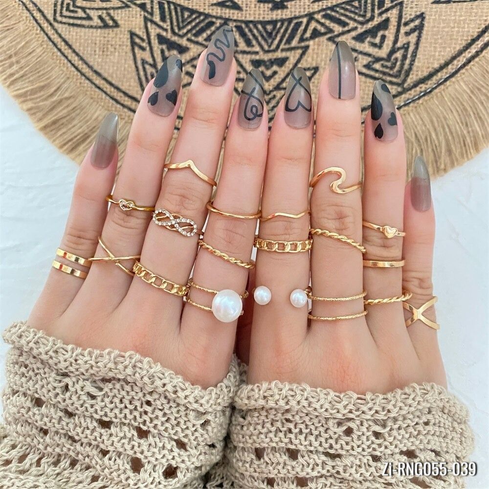 19Pcs Golden Metal Pearl Punk Rings Set - Zi Collection Hub