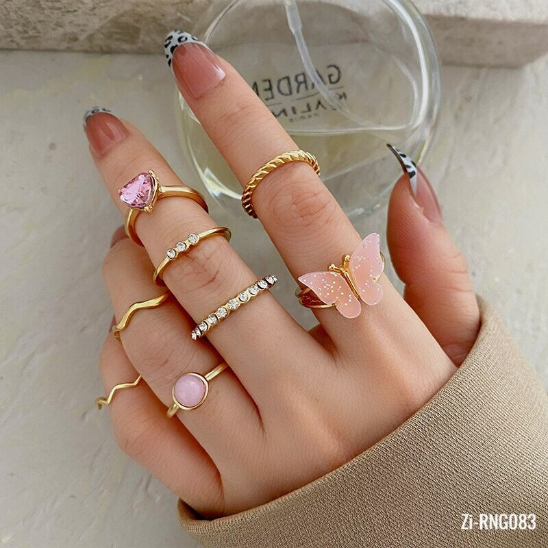 8Piece/Set Alloy Geometry Pink Butterfly Heart Zircon Joint Ring