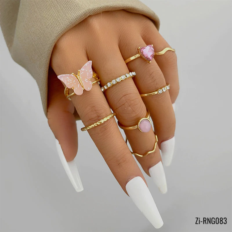 8Piece/Set Alloy Geometry Pink Butterfly Heart Zircon Joint Ring - Zi Collection Hub