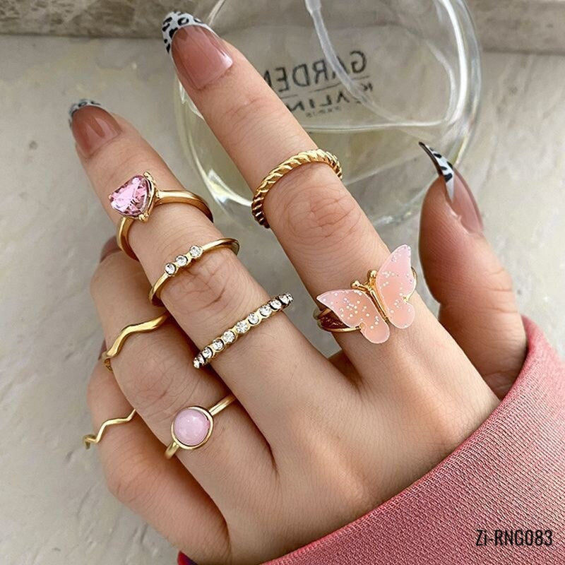 8Piece/Set Alloy Geometry Pink Butterfly Heart Zircon Joint Ring - Zi Collection Hub