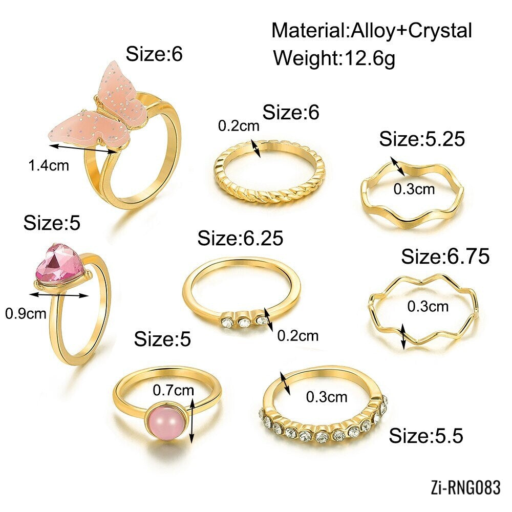8Piece/Set Alloy Geometry Pink Butterfly Heart Zircon Joint Ring - Zi Collection Hub