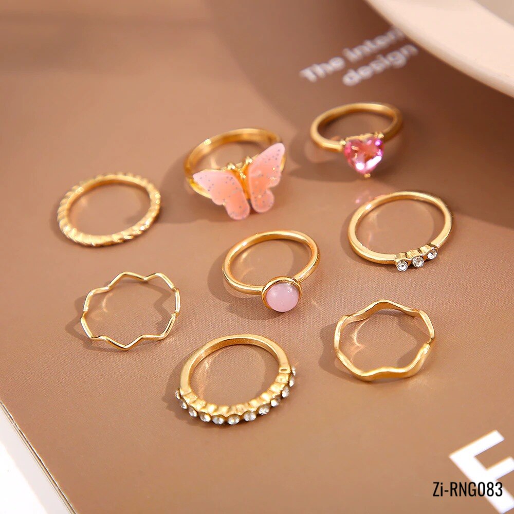 8Piece/Set Alloy Geometry Pink Butterfly Heart Zircon Joint Ring - Zi Collection Hub