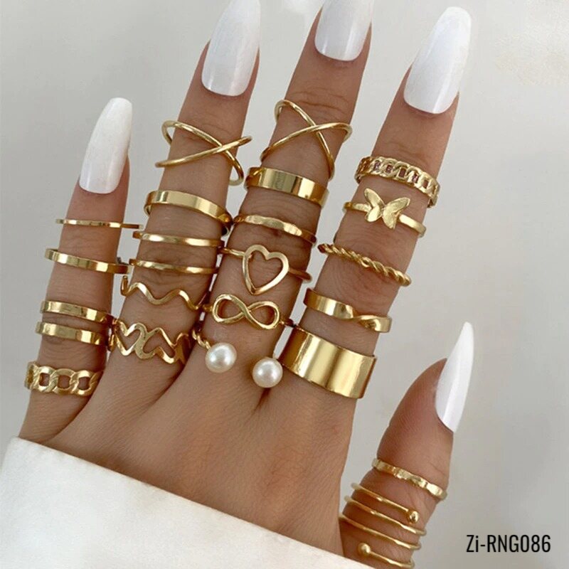 22pcs Geometric Cross Pearl Butterfly Finger Rings Set
