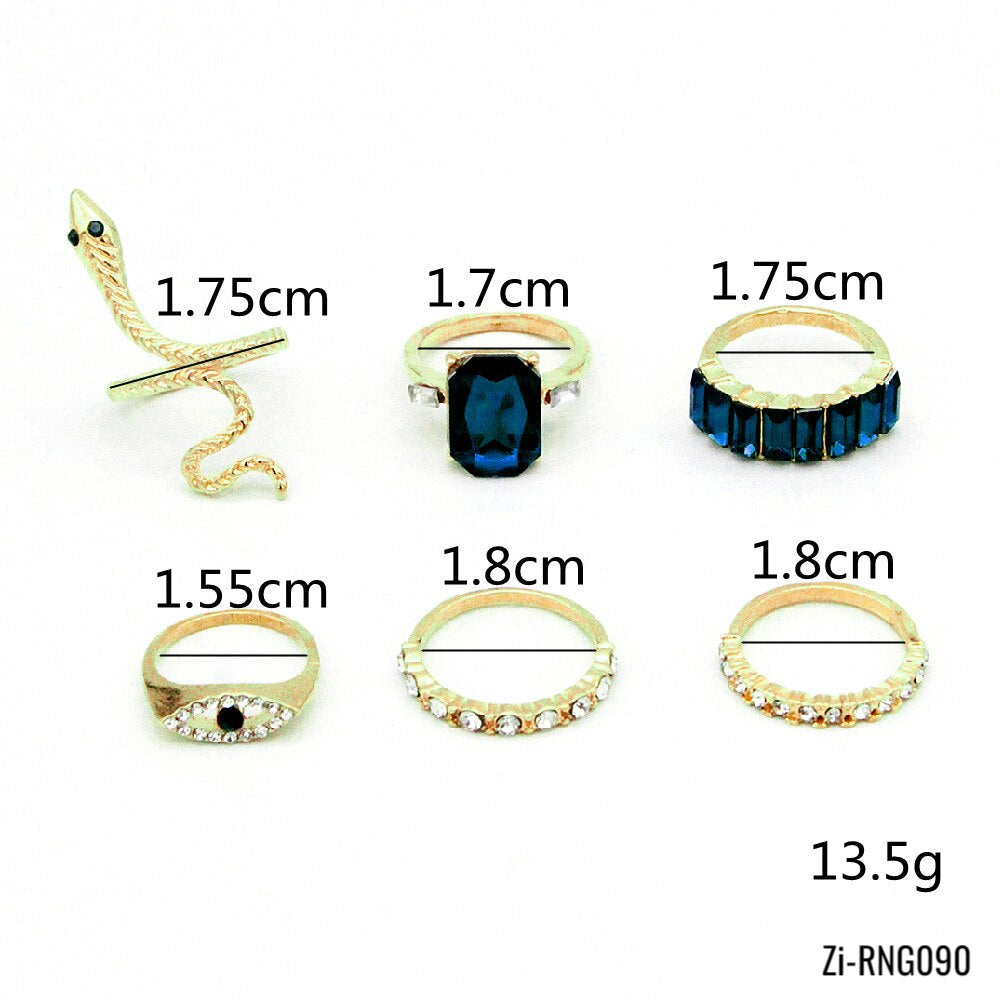 6pcs/set Snake Blue Diamond Zircon Finger Rings - Zi Collection Hub
