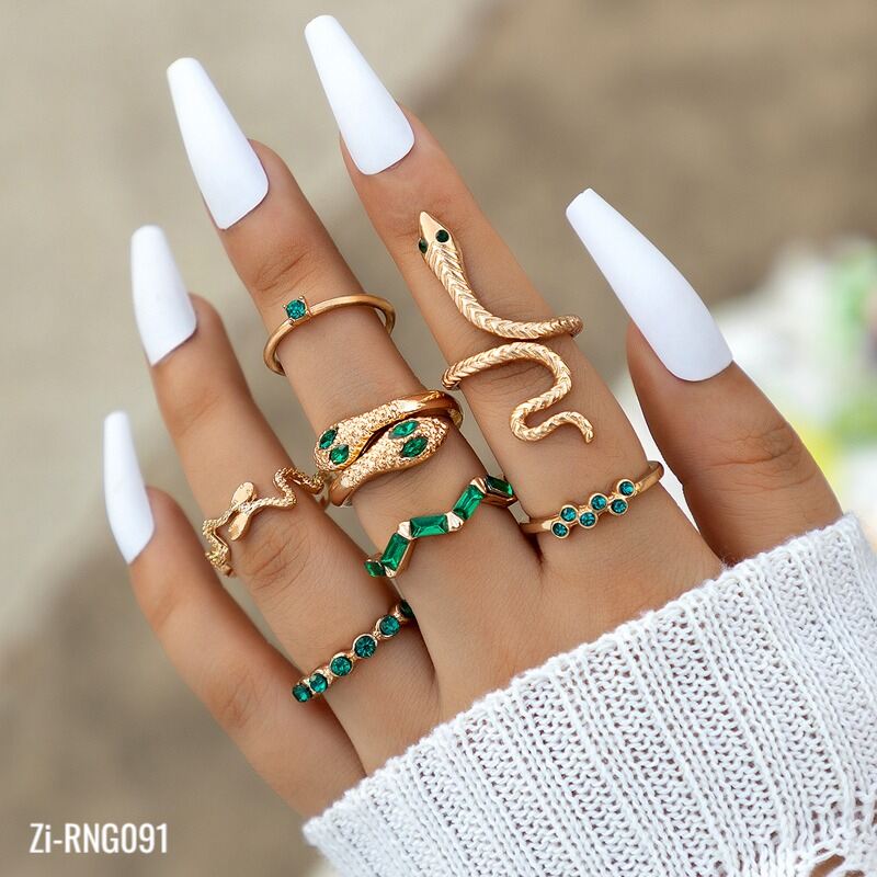 RNG091 - Luxury Green Rhinestone Joint Snake Ring Sets 7pcs/sets