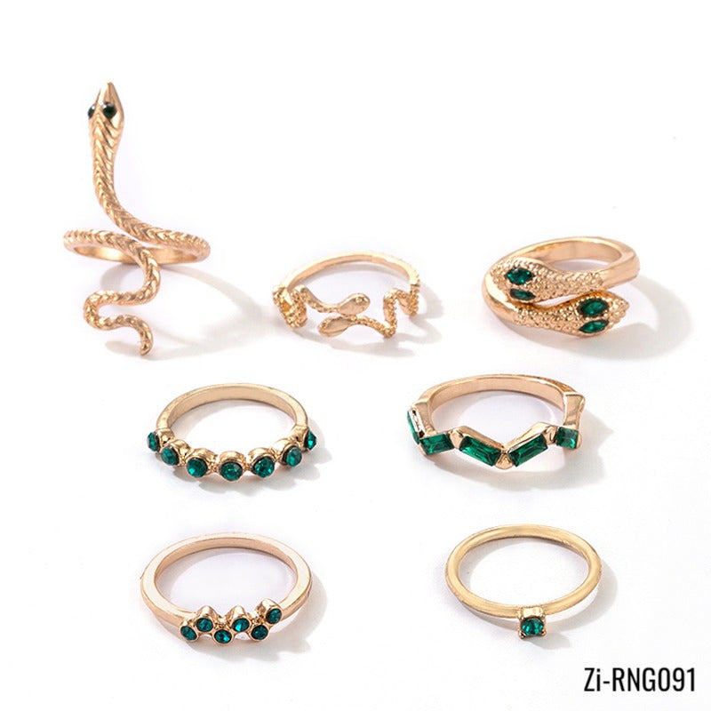 Luxury Green Rhinestone Joint Snake Ring Sets 7pcs/sets - Zi Collection Hub