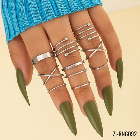 10Pcs Punk Sliver Color Wide Chain Rings Set