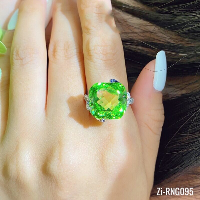 Trendy Women Luxury Silver Color Big Tourmaline Green Diamond Ring Resizeable - Zi Collection Hub