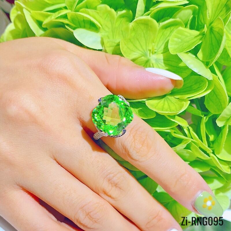 Trendy Women Luxury Silver Color Big Tourmaline Green Diamond Ring Resizeable - Zi Collection Hub