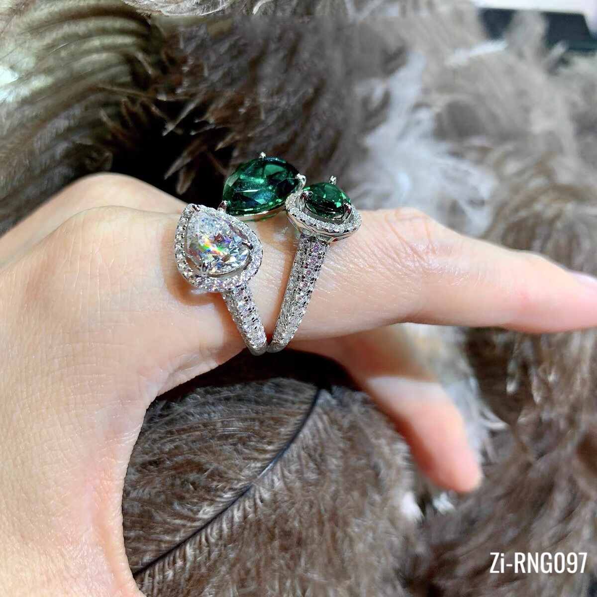 Unique Design Elegant Three Stone Brilliant Green White Zircon Rings - Zi Collection Hub