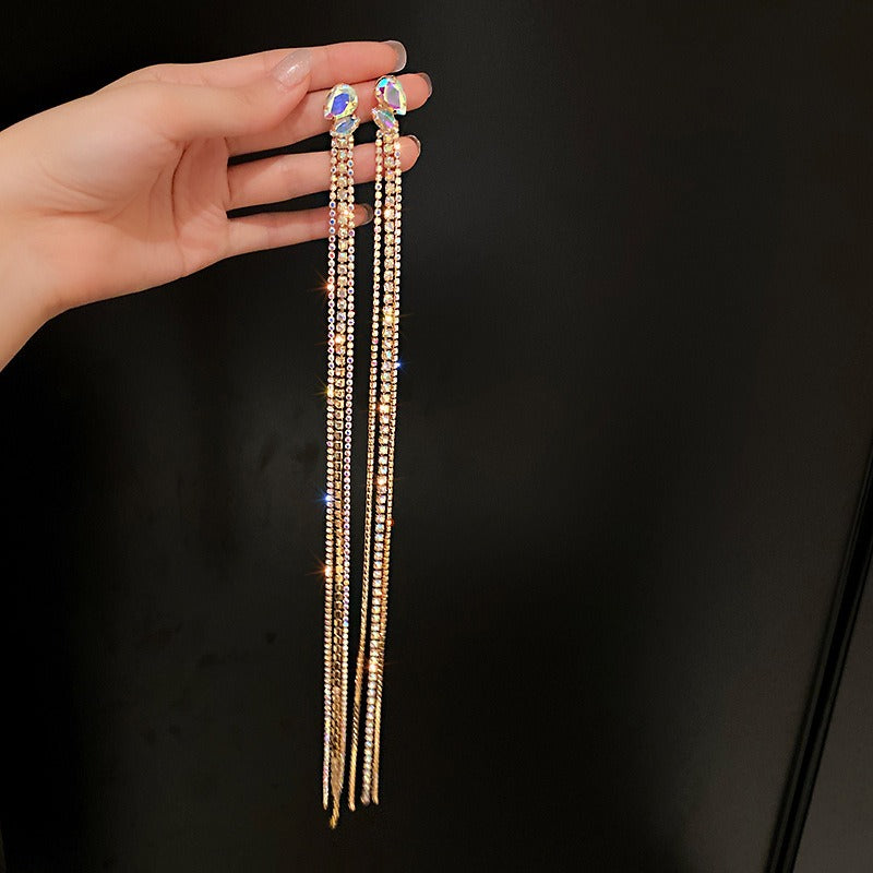 925 silver needle and diamond long tassel earrings - Zi Collection Hub