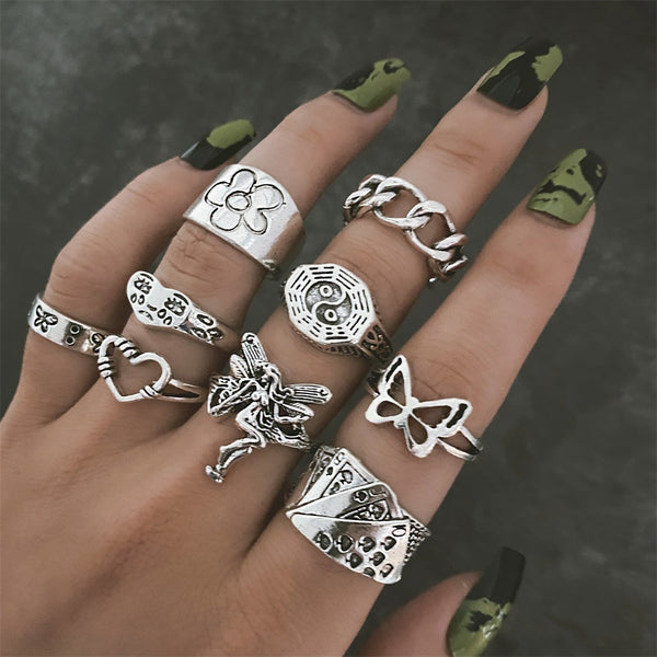 9Pcs Vintage Gothic Butterfly Angle Flower Multi Element Ring Set