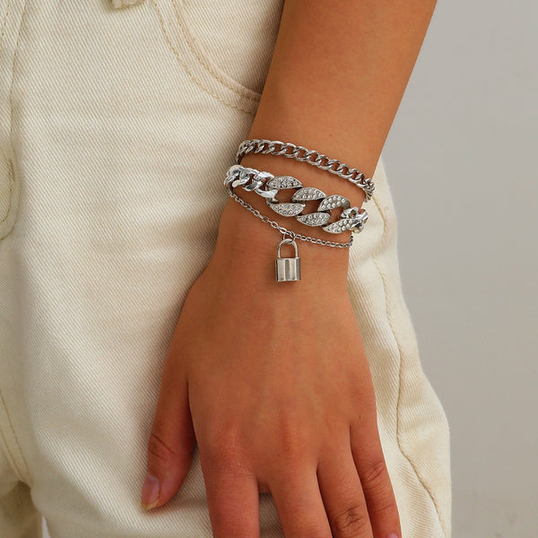 Silver Multi-Layer Micro Diamond Lock Pendant Bracelet