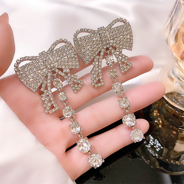 925 Silver Needle Korean Bow Pearl Rhinestone Earrings - Zi Collection Hub