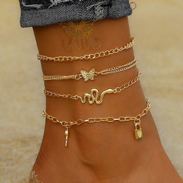 Bohemian Gold Butterfly Chain Anklets Set