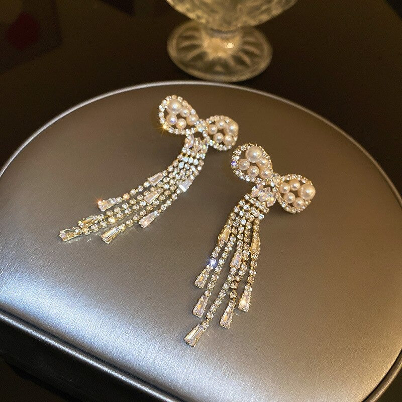 Pearl Bowknot Crystal Tassel Long Earrings - Zi Collection Hub