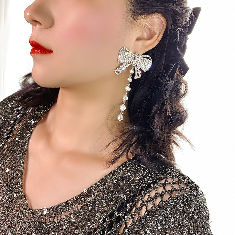 925 Silver Needle Korean Bow Pearl Rhinestone Earrings - Zi Collection Hub