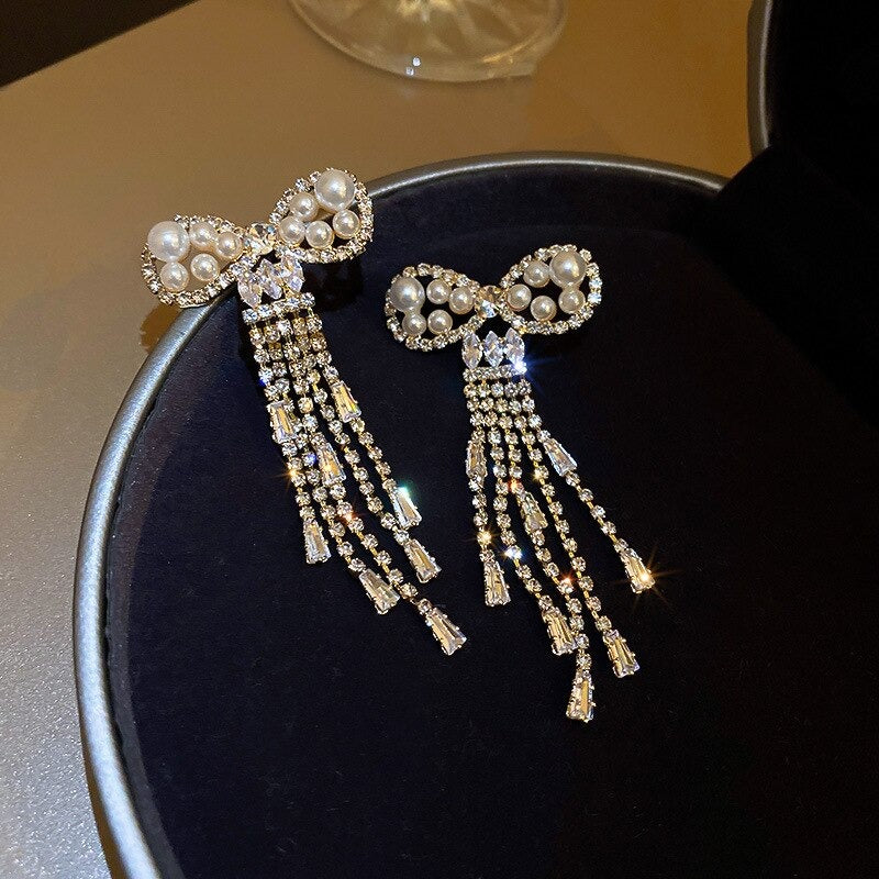 Pearl Bowknot Crystal Tassel Long Earrings - Zi Collection Hub