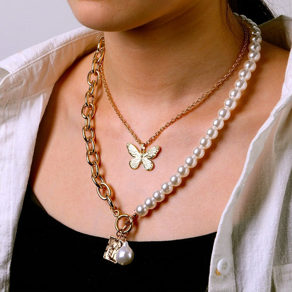 Vintage Thick Chain Pearl Butterfly Pendant Necklace