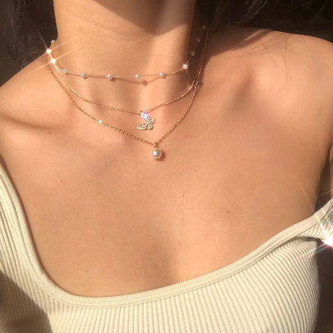Trendy Multilayered Butterfly Pearl Necklace