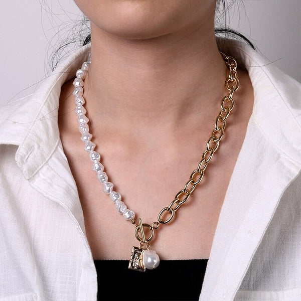 Vintage Baroque Irregular Pearl Lock Chains Necklace