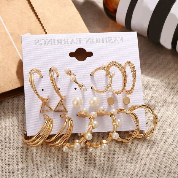 9 Pairs Gold Color Chunky Hoop Earrings Set