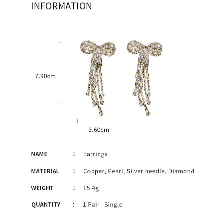 Pearl Bowknot Crystal Tassel Long Earrings - Zi Collection Hub