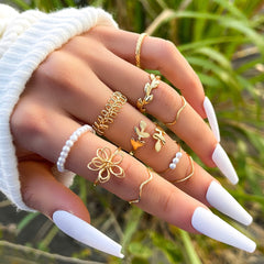 10pcs/set Bohemian Gold Color Leaves Flower Kunckle Midi Ring Set