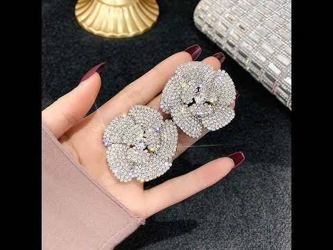 Oversize Full Rhinestone Rose Petal Earrings