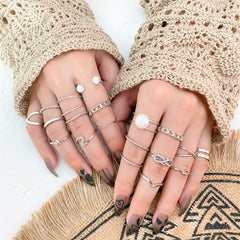 19Pcs Silver Metal Pearl Punk Rings Set