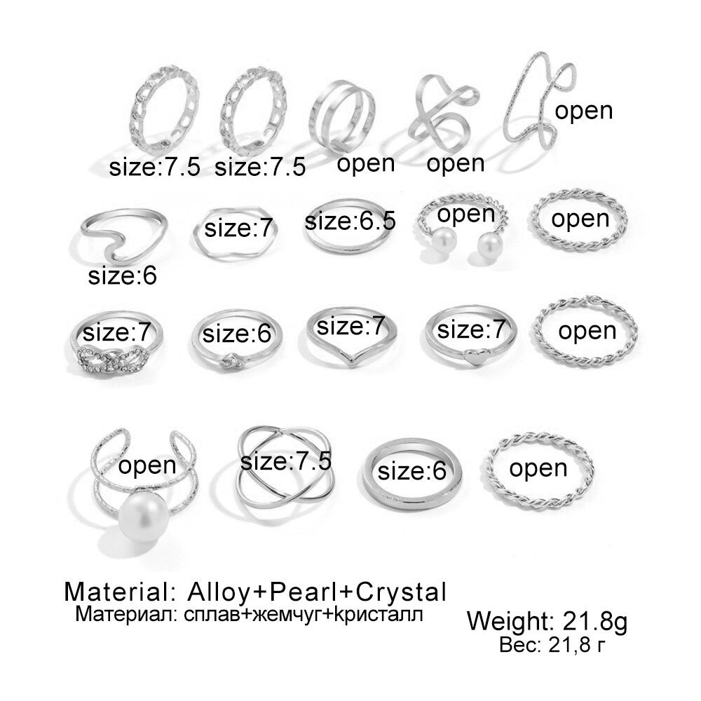 19Pcs Silver Metal Pearl Punk Rings Set - Zi Collection Hub
