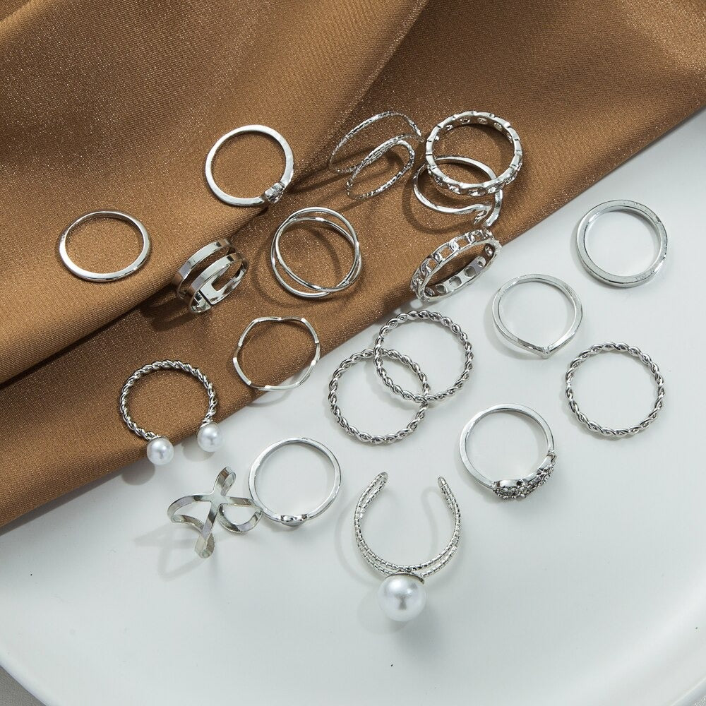19Pcs Silver Metal Pearl Punk Rings Set - Zi Collection Hub