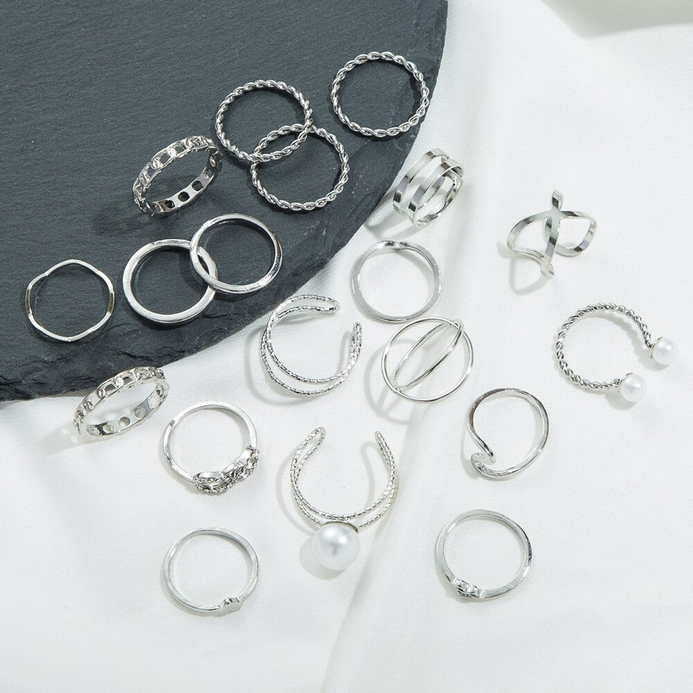 19Pcs Silver Metal Pearl Punk Rings Set - Zi Collection Hub