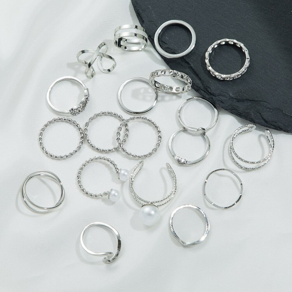 19Pcs Silver Metal Pearl Punk Rings Set - Zi Collection Hub