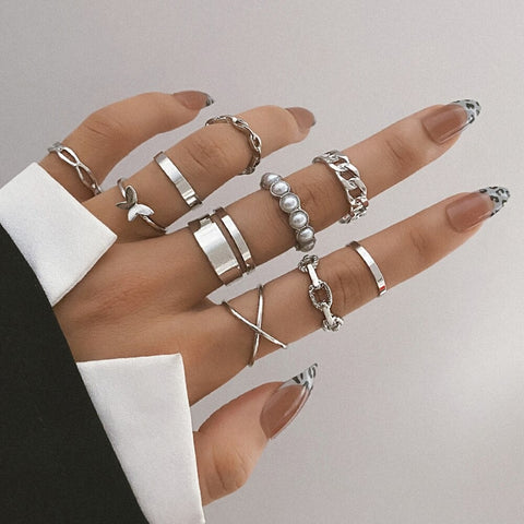 10 Pcs Vintage Gothic Butterfly Pearl Rings Set